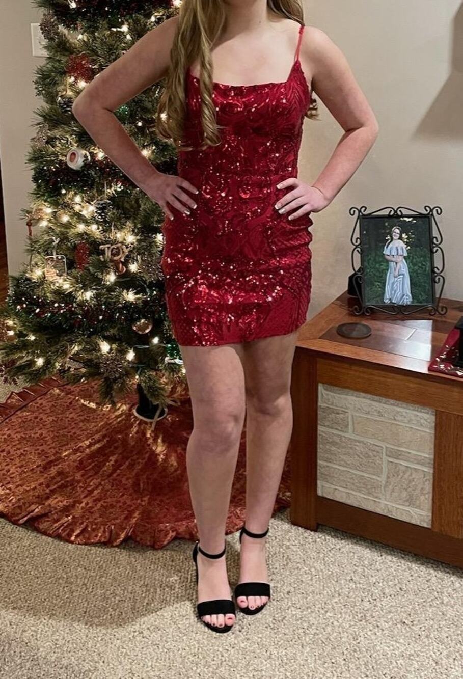 B. Darlin' Solid Red Sequin Spaghetti Strap Short Homecoming Dress 3/4